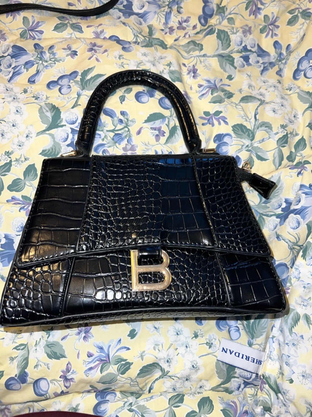 Black Croc Embossed Top Handle Bag